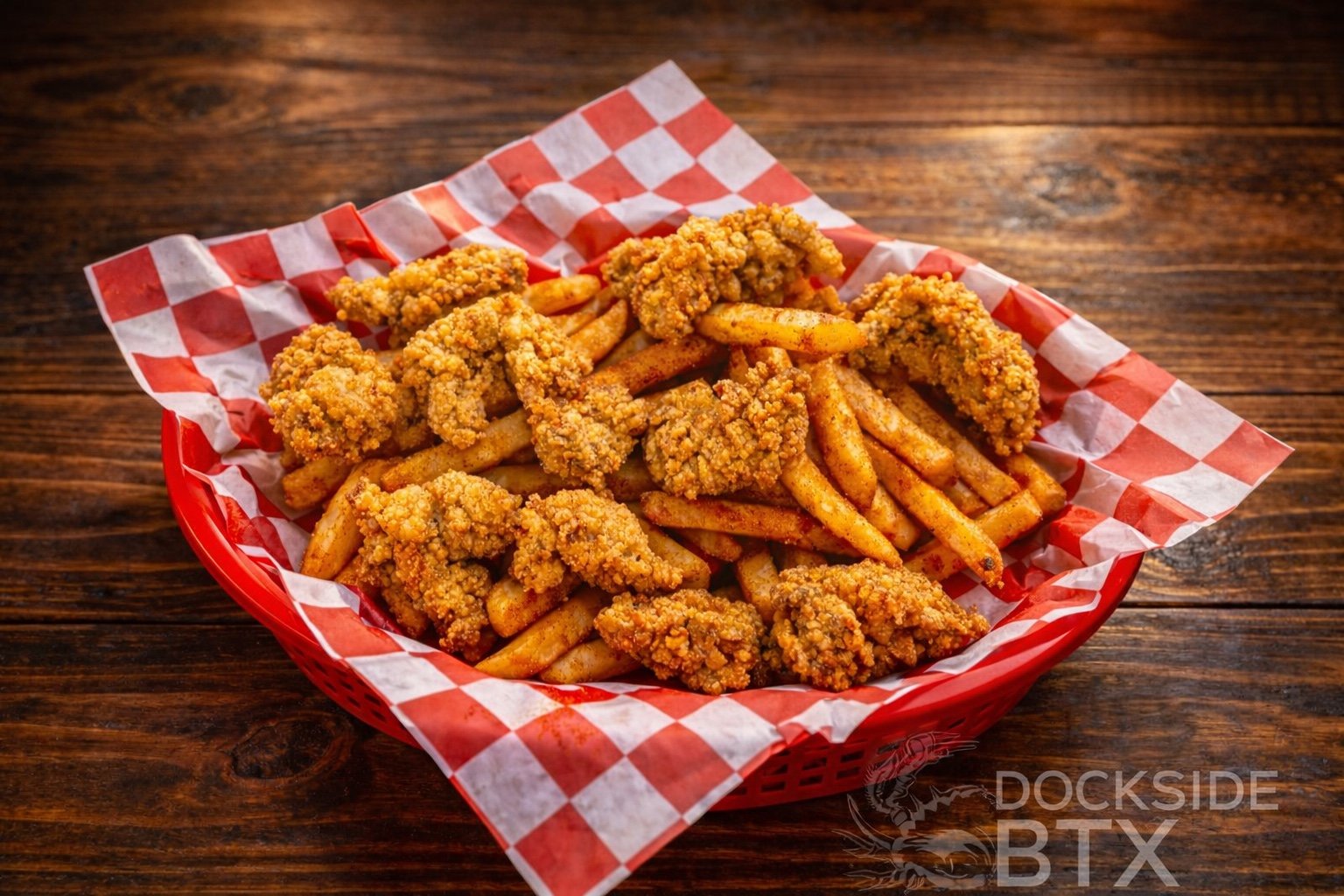Fried shrimp and seasoned fries in a red basket